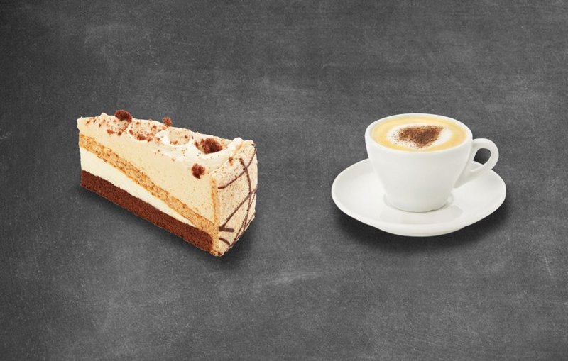 Haubis Latte Macchiatotorte mit Kaffee und Mineralwasser