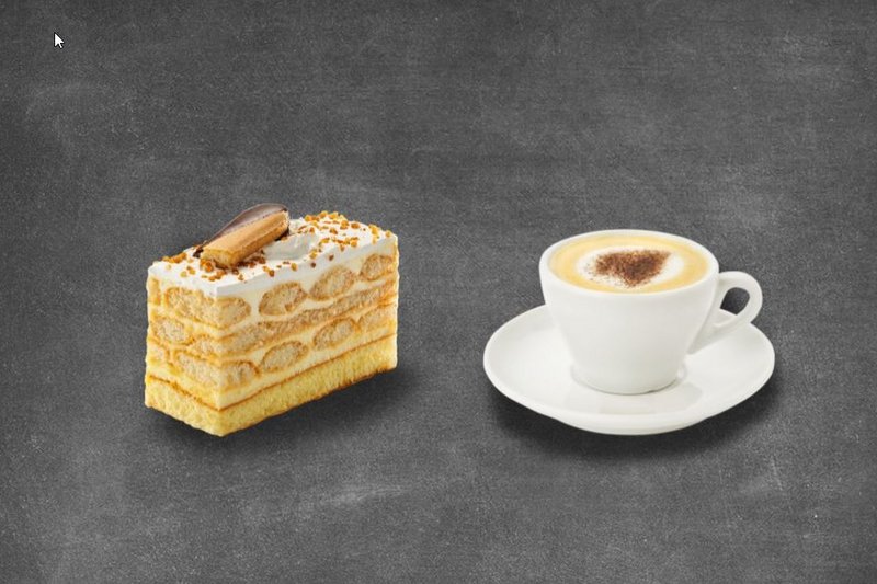 Malakoffschnitte mit Kaffee und Mineralwasser