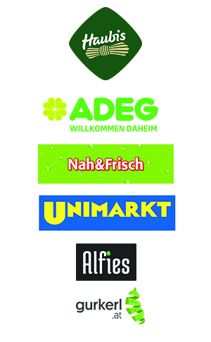 Logos von Adeg, Nah und Frisch, Unimarkt und Haubis